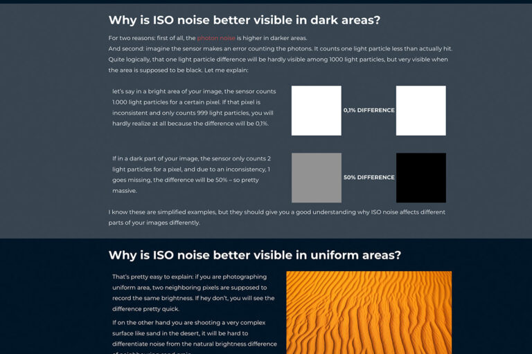 Why is ISO noise better visible in dark, uniform areas?